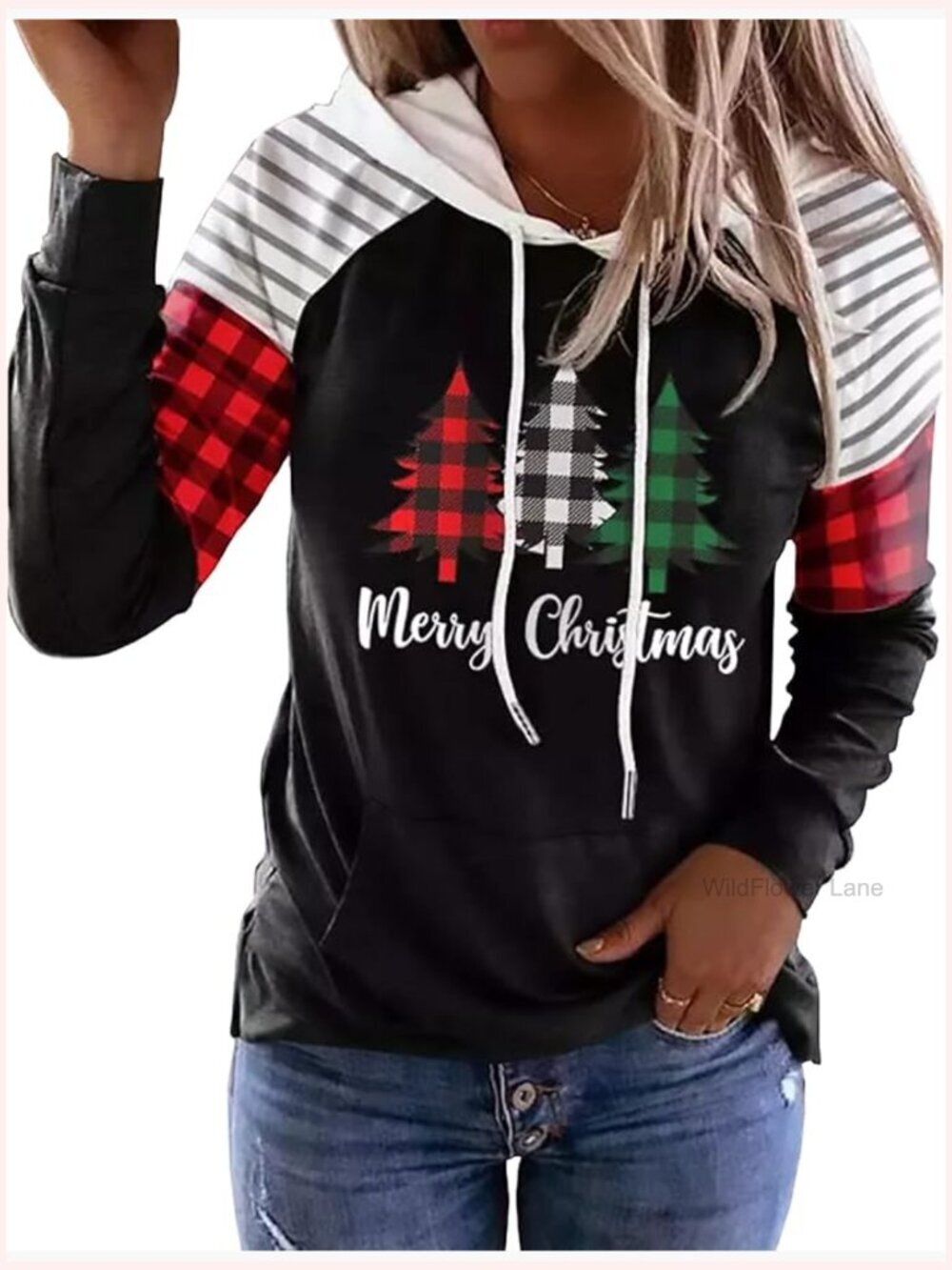 Merry Christmas Buffalo Plaid Tree Striped Splicing Hoodie for Women